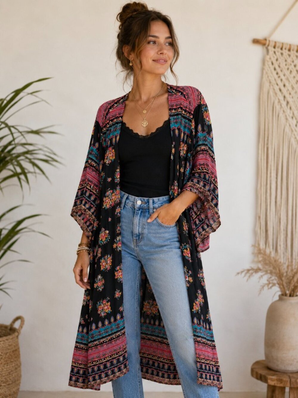 Boho Floral Kimono Duster Cardigan Black Pink Blue Small Festival Swim Coverup